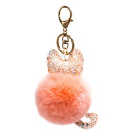 surell Rex Rabbit Fur Cat Pom Pom Key Chain - Faux Leather Glitter Ears and Tail - Bag Purse Charm - Gold Ring Fluffy Fur Ball - Fashion Gift (Salmon)