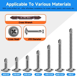 Marysino 100Pcs #10 x 5/8" Self Tapping Screws for Metal, 410 Stainless Steel, Sheet Metal Screws for Metal, Truss Head High-Strength Quick Tapping