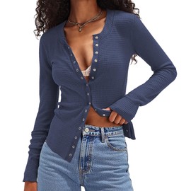 Albe Rita Waffle Cardigan Sweater Shirts for Women Lightweight Button Down Long Sleeve Crew Neck Knit Swater Tops,Navy Blue,S
