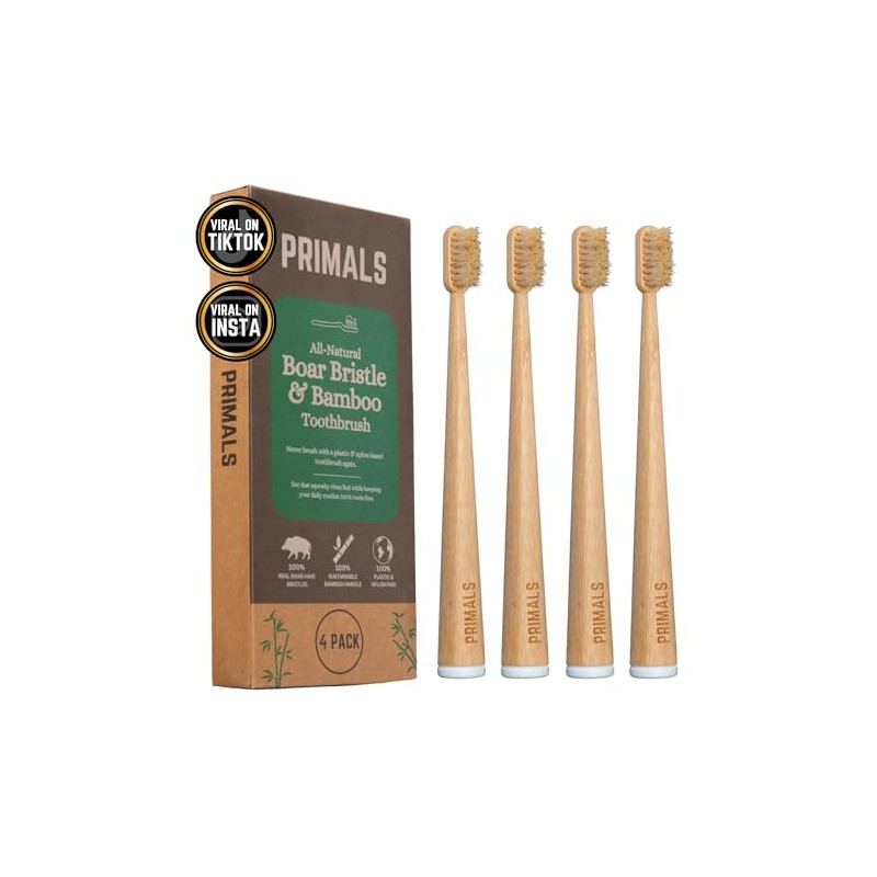 PRIMALS Boar Bristle & Bamboo Toothbrush (4-Pack) - Premium Boar