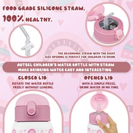 Autsel Kids Water Bottles with Straw 400ml Insulated Stainless Steel Rainbow Water Bottle BPA-Free Reusable Metal Water Bottle with Protective Case for Girls and Boys Keep 6h Hot & 12h Cold