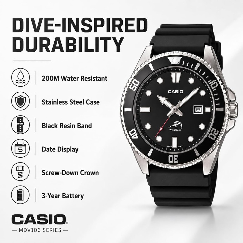 Casio Men's MDV106-1AV 200M Black Dive Watch (MDV106-1A)