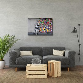Banksy Wall Art 16x12inch the Boy Behind the Curtain Street Graffiti Art Canvas Prints Artwork Modern Stretched Framed Home Kids Boy Room Living Room Bedroom Decor