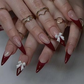 Wine Red Press on Nails Long Stiletto MABKJLF French Tip Fake Nails False Nails with Designs White Bow Charms Full Cover Glossy Glue on Nails Acrylic Nails for Women Girls 24 Pcs