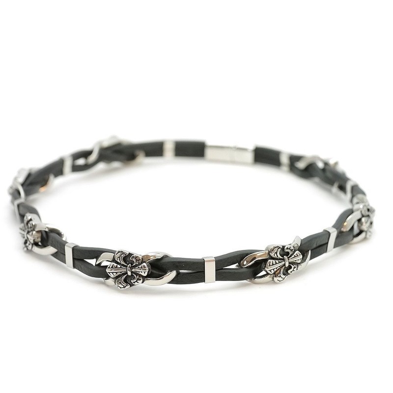 [One] Silver Flare Leather Choker Black Leather Cord Necklace for