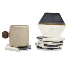 GoCraft Hexagon Marble Coasters for Drinks – Set of 6 Handcrafted Modern Coasters – White & Black Marble with Gold Brass Inlay – Luxury Drink Coasters for Beverages, Wine, Coffee, Bar Glasses