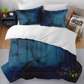 SUMIANYH Queen Size Comforter Set with 2 Pillowcases, Navy Blue Golden Gold Marble, Decor Bedroom Modern Abstract Luxury Birthday Cozy Bedding for Kids and Adults, Soft Bed Set