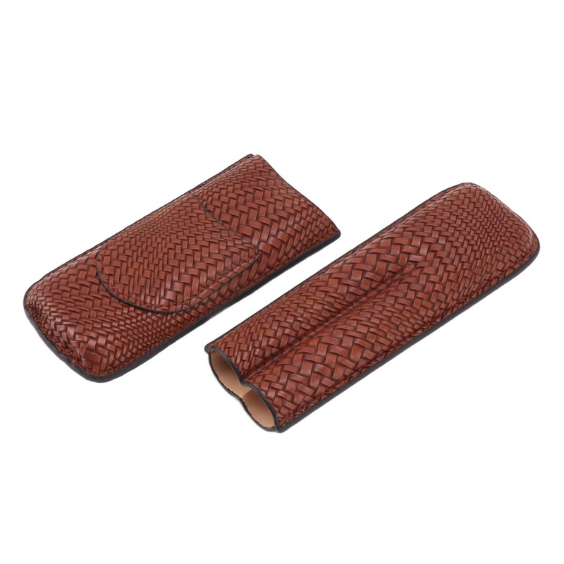 Cigar Case Holder Elegant Vintage Style Woven Pattern Leather Portable