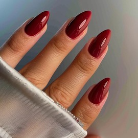 Press On Nails Short Solid Color Luxury False Nails Almond Shape Press On Natural Acrylic Nail Wine Red Fake Nails With Glue For Women Girls Gift