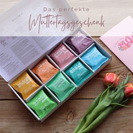 WALTZ 7 Original Duschbomben Set, 16 Stück, 8 Düfte, Geschenkidee Muttertag Mama, Dankeschön Geschenk Frauen, Männer, natürliche ätherische Öle, Geburtstagsgeschenk Beste Freundin, Geschenkbox