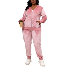 Tycorwd Women's Plus Size Two Piece Outfits Velour Sweatsuits Sets Long Sleeve Loungewear Tracksuit Sets Pink 2XL