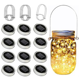 yeuago 12 Pack Solar Mason Jar Lid Lights - 30 LED Firefly Fairy String Lights, Waterproof Outdoor Solar Lights with Hangers for Regular Mouth Jars (No Jars Included)