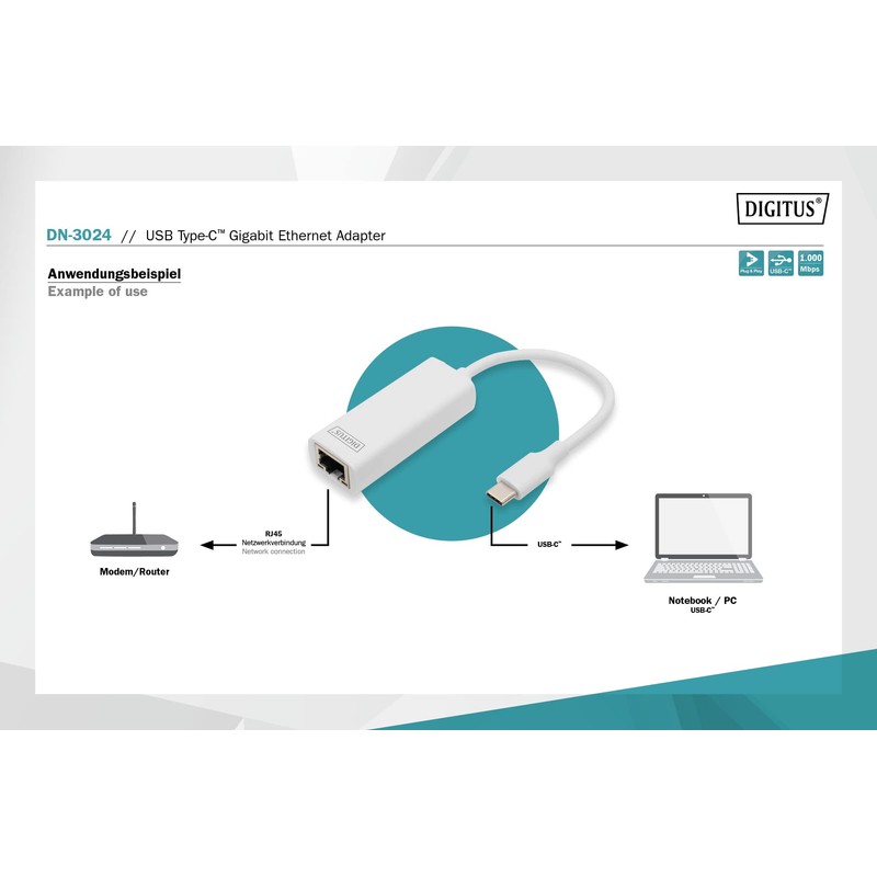 DIGITUS USB 3.0 Typ-C Gigabit Ethernet Adapter, 10/100/1000 Mbps, MacBook