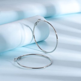 Stainless Steel Hoop Earrings, White Gold Plated 316L Steel Hoop Earrings for Women Size 55mm, Stainless Steel, No Gemstone