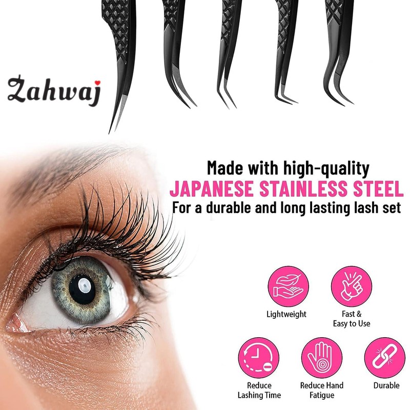 ZAHWAJ Lash Tweezers - Set of 5 Fiber Tip Eyelash