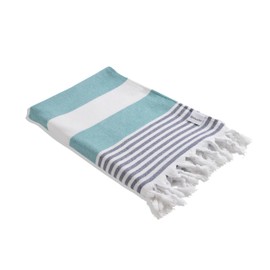 InfuseZen Oversized Turkish Towel with Terry Cloth Lining on Back, Made from 100% Cotton, Soft Striped Bath or Beach Peshtemal with Terrycloth on one Side (Aqua & Navy)