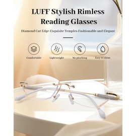 LUFF Stylish Rimless Reading Glasses for Women- Blue Light Blocking Readers, Fashion Frameless Metal Lightweight Eyeglasses(2.0X)