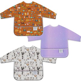 BABYBOET Waterproof Long Sleeve Baby Bibs 3PCS, Feeding Bib, Smock Bib - Wipe Clean, Machine Washable with Food Catcher Pocket. 6-36 Months