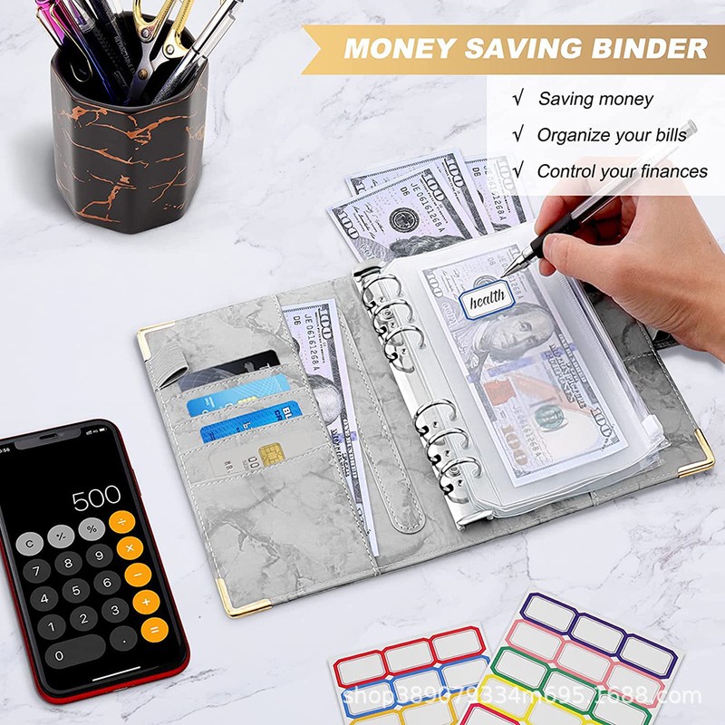 A6 Binder Budget Book Portable Marble Grain Notebook PU Leather