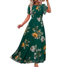 Simplee Womens Spring Floral Maxi Wedding Guest Dress Bohemian Short Sleeve Loose Sundress Lightweight Flowy Prom Vacation Dress(Dark Green L)