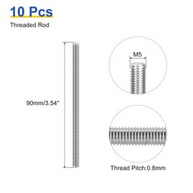 sourcing map 10Pcs M5 x 90mm Fully Threaded Rod 304 Stainless Steel Right Hand Threads Bar Studs for Anchors Bolts, Clamps, Hangers and U-Bolts, 0.8 Thread Pitch