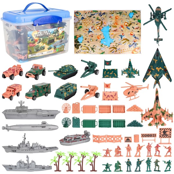 deAO 56 Pieces Army Play Set with Play Map, Toy Soldiers, Army Toys for Boys, Military Vehicles, Aircraft Carrier Toy, Tank, Planes, Boat, and Battleship, Birthdays