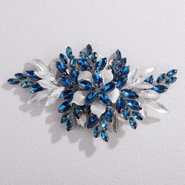 Rumtock Lake Rhinestones Hair Comb with Silver Flower for Wedding Brides Bridesmaid Women Banquet Updo Hair Accessories (Lake)