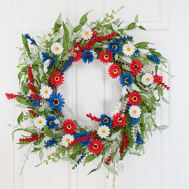 22 Inches Patriotic Wreath 4th of July Wreaths for Front Door Independence Day Wreath with Red White and Blue Wildflowers Wheat for Wall Window Porch Flag Memorial Independence Day Decoration