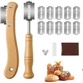 wlertcop 2-Piece Kitchen Baker Lame Bread Slicer Tool with 10 Blades and Leather Protective Cover for Straight and Curved Cuts, DIY Bread Dough