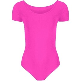 ANZEE Girls Short Sleeve Ballet Leotard - Stretchy Dance Bodysuit for Gymnastics Ballet Comfortable Performance Wear for Active Kids (Neon Pink, 7-8 Years)