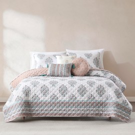 Lush Decor Sofia Flower Block Bouquet Reversible Quilt 6 Piece Set King/Cal King Clay - Block Print Quilt - Floral Bedding Set with Pillows - Boho Decor