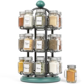 Orii Adrinova 24 Jar Revolving Spice Rack with Spices Included, Spice Organizer for Kitchen Countertop, Free Spice Refills for 5 Years, Black & Green