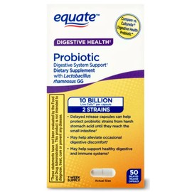 Equate Probiotic Supplement Digestive System Support - Overall Digestive Health Support - Minimizes Constipation, Diarrhea, Gas & Bloating -Delayed Release Capsules, 50 Count