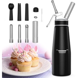 Whipped Cream Dispenser Durable Aluminum Whip Cream Canister with 3 Stainless Steel Decorating Nozzles 1 Aluminum Charger Holder and Cleaning Brush.