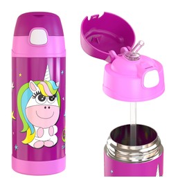 TAKWAY Children's Water Bottle, Thermal Stainless Steel Water Bottle with Straw, 350 ml, BPA-Free, Leak-Proof, Children's Bottle for School, Nursery (Unicorn)