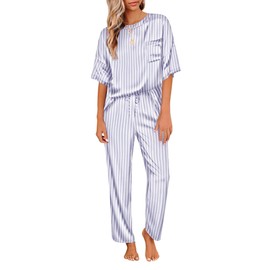 Ekouaer Womens Satin Pajama Silk Pajamas Set Two Piece Pj Sets Sleepwear Loungewear Short Sleeve and Long Pants Lounge Set
