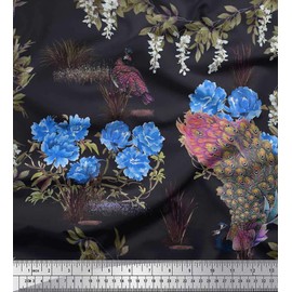 Soimoi Cotton Canvas Fabric Leaves,Floral & Peacock Bird Decor Fabric Printed metre 42 Inch Wide
