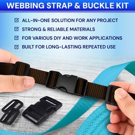 TECEUM Buckles & Strap Kit – 1" Brown Nylon Webbing 6 (yd) – 6 Heavy Duty Adjustable Plastic Buckles – 12 Tri-Glide Slide Clips – 6 Metal D-Ring – Ideal Straps for Arts Crafts Outdoors Indoors DIY