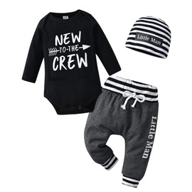 KuKitty Newborn Infant Baby Boy Clothes Long Sleeve New To The Crew Romper + Pants + Hat 3PCS Outfits Set (0-3 Months) Black