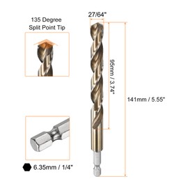 sourcing map 1/4" Hex Shank Drill Bit 27/64" Gold Oxide M35 High Speed Steel Twist Drill Bit 135 Degree Split Point Tip Drilling Tool with Quick Change Hex Shank for Metal Wood Plastic