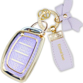 Simocky Compatible with Hyundai Key Fob Cover with Diamond Keychain, Compatible with Elantra Ioniq Sonata Tucson Elantra GT Smart Remote Key Protector for Women (4 Buttons-Purple Bowknot)
