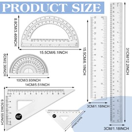 6 Pcs Clear Ruler Set Plastic Rulers Bulk for Classroom 30cm Ruler and 15cm Straight Edge Ruler 2 Triangle Ruler 2 Protractor Geometry Sets for Drawing Mathematics School