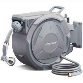 75 Ft Heavy Duty Retractable Garden Hose Reel - Wall Mounted with 10-Pattern Hose Nozzle, Any Length Lock, Slow Retraction, 180° Swivel Bracket - Length: 75ft
