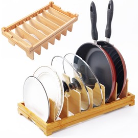 ESEHGS Pots and Pans Lid Organizer Holder Rack,Pot and Pan Organizer Drawer Organizer for Cutting Boards & Baking Sheets,Plates, Frying Pan, Skillet,Reusable Containers (Brown)