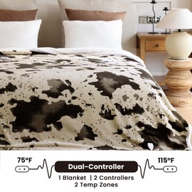 blunique Electric Blanket Queen Size - Dual Control Heated Blanket Queen with 5 Heat Settings, Heating Blanket 10 hrs Auto Shut Off 84x90 inches Cow Print White