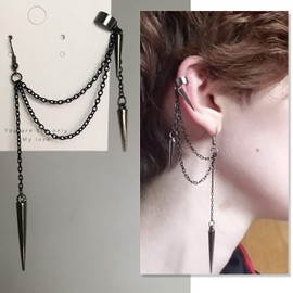 ANDPAI Unique Lightweight Black Silver Punk Long Tassel Chain Ear Cuff Earrings 316L Stainless Steel Vintage Barrel Nails Crawler Climer Dangle Drop Stud Earrings for Men Women Unisex (Black 3)