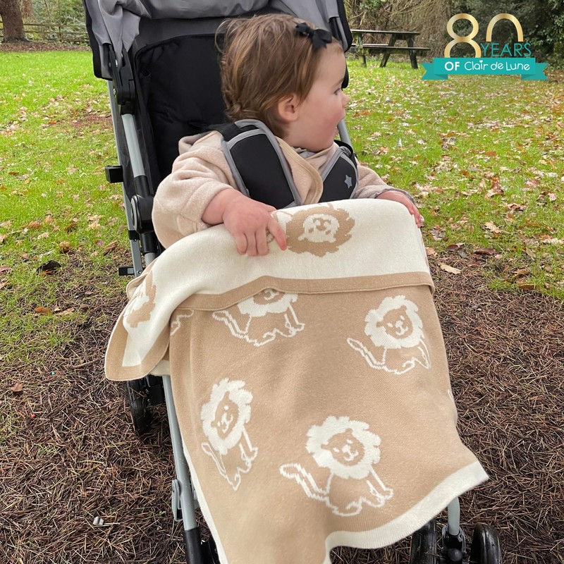 Clair de Lune Reversible Lion Knitted Baby Blanket, Soft Safari