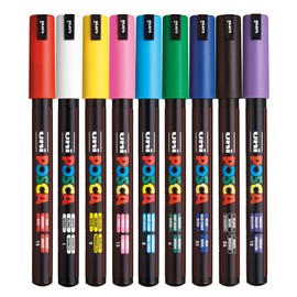 Posca PC-1MR Standard Pack of Paint Markers (Pack of 9) Multisurface Water Based Paint Pens with Extra Fine 0.7mm Acrylic Tips for Adult Colouring Books, Art and Crafts with 4 Stickers