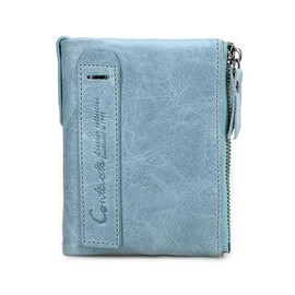 Contacts Soft Leather Wallet for Women Small Bifold Coin Purse Double Zipper Card Holder with RFID Blocking (Light Blue), Light Blue, Minimalism