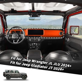 Jimen Fit for Jeep Wrangler JL JLU & Gladiator JT 2024-2025, 4PCS Center Console Dash Trim & Dashboard Cover Navigation Panel Interior Overlay (Orange)